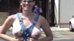 Busty chubby nerdy flashing her boobs at parking