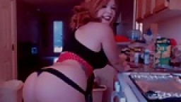Busty redhead with big ass in sexy lingerie solo show in kitchen